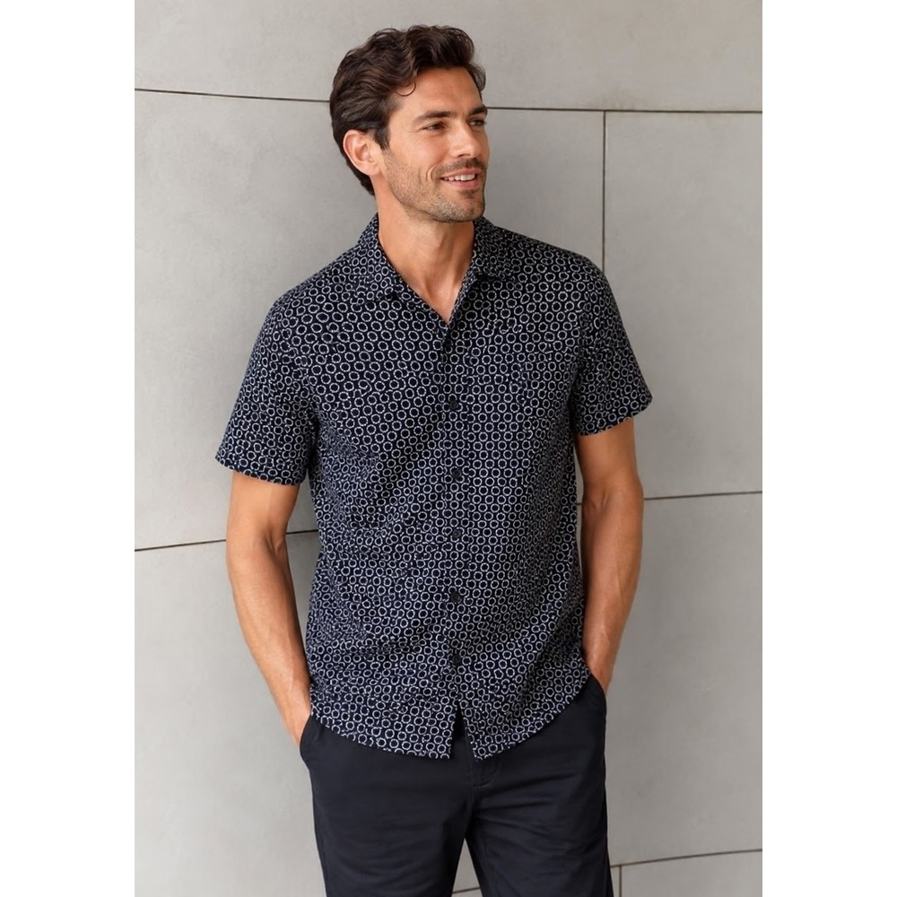 Michael Kors Blue Geometric Print Linen Short Sleeve Button Up M Preppy Casual